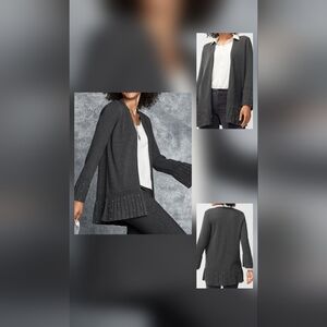 Chico's SZ 0/S Open Front Longline Lagenlook Black Pleated Faux Pearl Cardigan